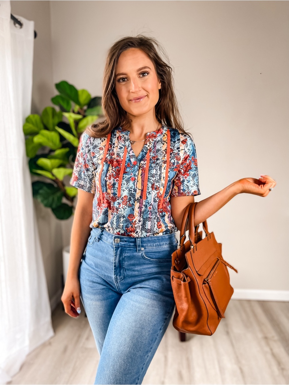 Floral Stripe Short-Sleeve Blouse - Multi